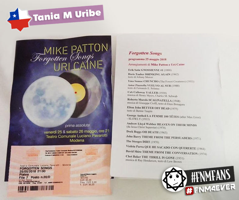 FNM4EVER's tweet photo. #FAITHNOMOREFANS Poster + Ticket + Programa (Forgotten Songs) compartido por Tania para #FNMFANS #MikePatton #UriCaine #FNM4EVER https://t.co/MsLCTmqMjD
