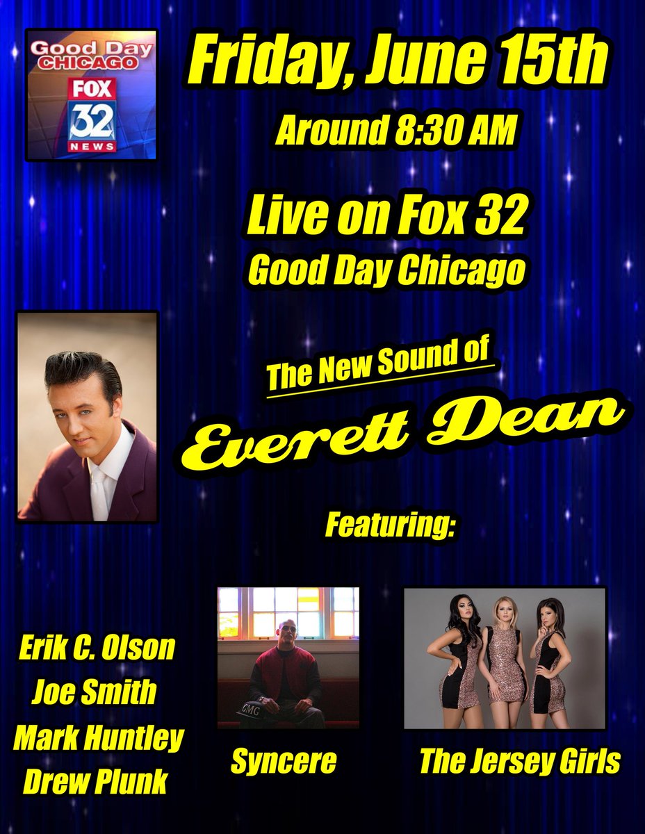 EverettDeanShow's tweet photo. SECRET PROJECT DEBUT!!!

ATTENTION FRIENDS EVERETT DEAN WILL BE ON TV IN THE CHICAGOLAND and SURROUNDING AREAS

Friday, June 15th 
FOX 32 GOOD DAY CHICAGO
Around 8:30 AM

I will be making my debut performance of my new song; that will show MY NEW SOUND and STYLE!!! https://t.co/eyLz3Jur2k