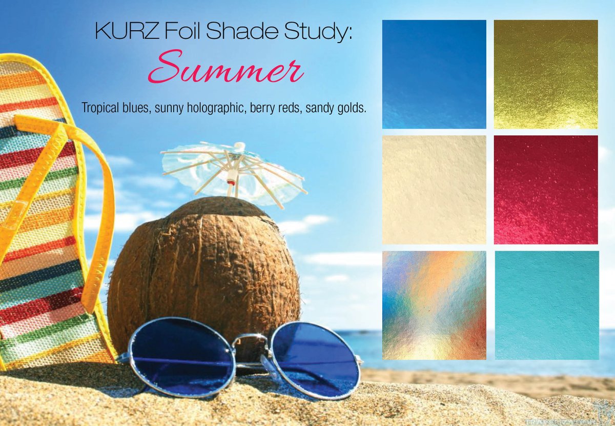KURZUSA's tweet photo. Summer color inspiration with KURZ foils for cool designs. #kurz #hotstamping #coldfoiling #colorstudy #designinspiration https://t.co/eLboGfdSsS
