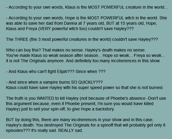 DLarochelle_2's tweet photo. I had to write this⤵
Klaus, Hope and Freya, the MOST POWERFUL creatures in the world, couldn't save Hayley??? Who can buy this??? #TheOriginals #Hayley #Klaylope #Klayley #Haylijah #Klamille @julieplec @cadlymack @JeffLieber @OGsWriters @cworiginals @1PhoebeJTonkin @JosephMorgan https://t.co/hY6z8XlktU