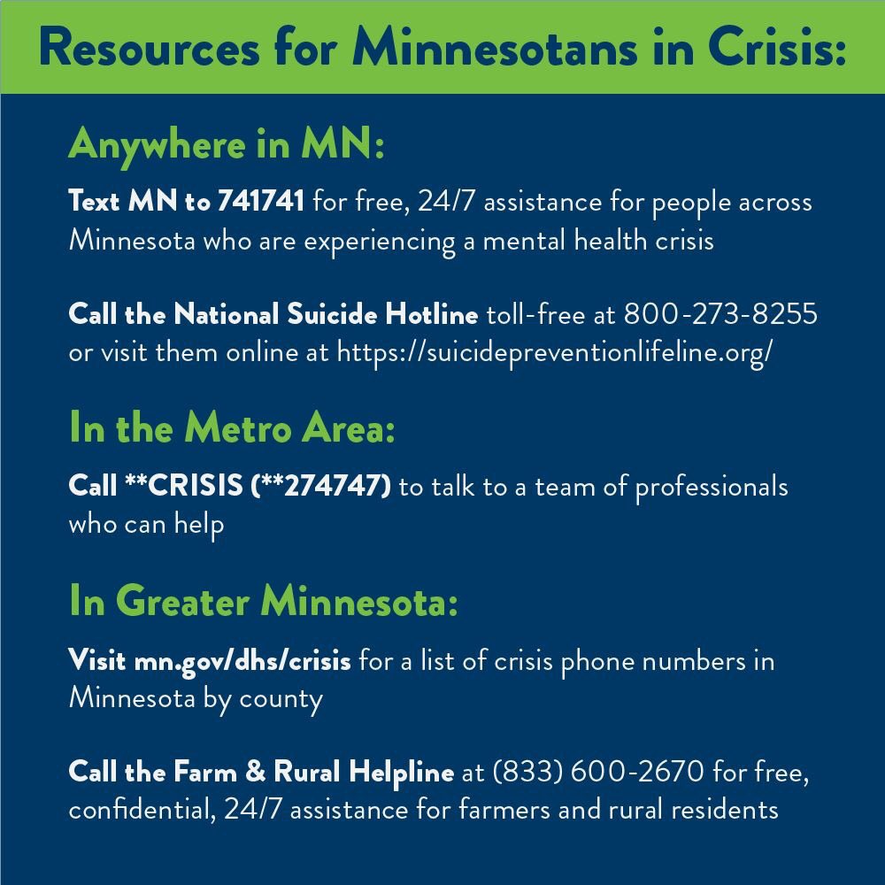 Crisis Connection will officially end emergency mental health services on June 30th, 2018. Read more about crisis services still available in today's statement released by DHS, here: content.govdelivery.com/accounts/MNDHS…