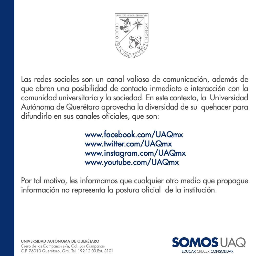 DraTereGasca's tweet photo. Cualquier otro medio que propague información no representa la postura oficial  de la @UAQmx, los canales oficiales son: 

https://t.co/8Gt57WI7VI
https://t.co/t2vP6wnjuh
https://t.co/cjYOxJwusK
https://t.co/EDIXu8a7Kn
https://t.co/1NLYBte66v https://t.co/JPA8tCOkIE