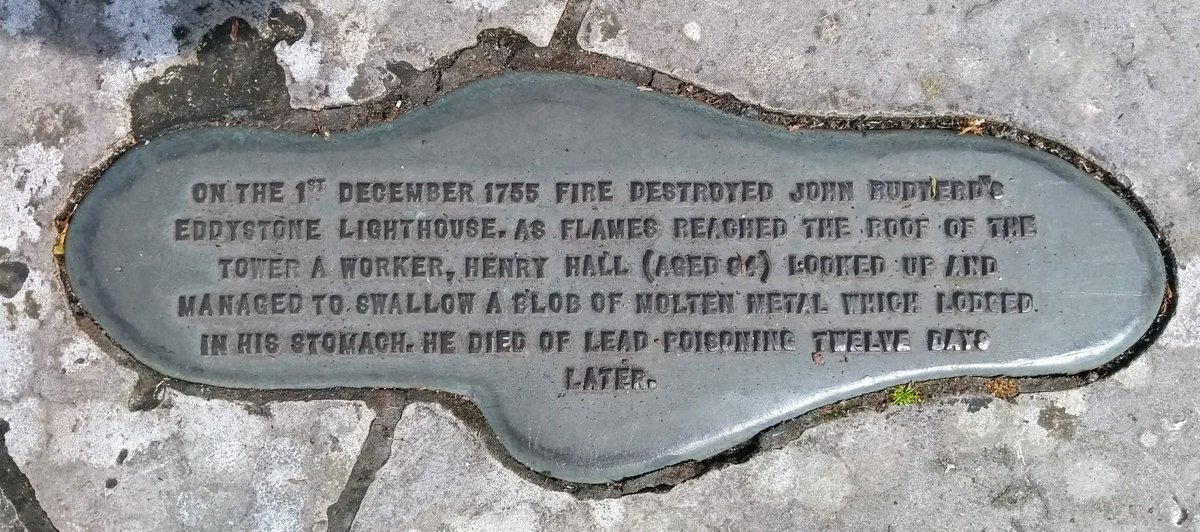 PlymouthOTD's tweet photo. #OTD in 1755 fire destroyed the 2nd Eddystone lighthouse. As the flames reached the roof of Rudyard's lighthouse, 94 year old worker Henry Hall looked up and swallowed a blob of molten lead. 12 days later he died. A tiny memorial is outside @eatsalumi &amp; @TheDukePlymouth #Plymouth https://t.co/sEP7PkTVNY