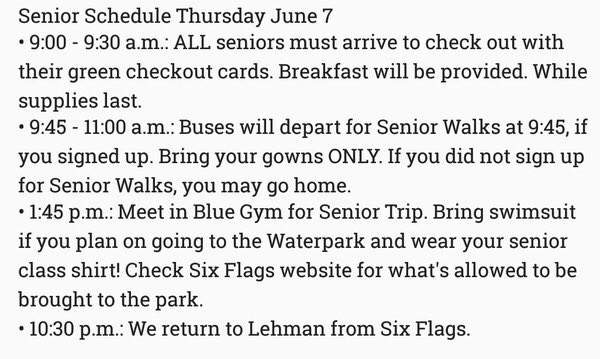 LoboClassof2018's tweet photo. 🚨🚨🚨🚨INFO FOR SENIOR CHECKOUT/WALKS/ TRIP 🚨🚨🚨 https://t.co/hfq4EDIwHA