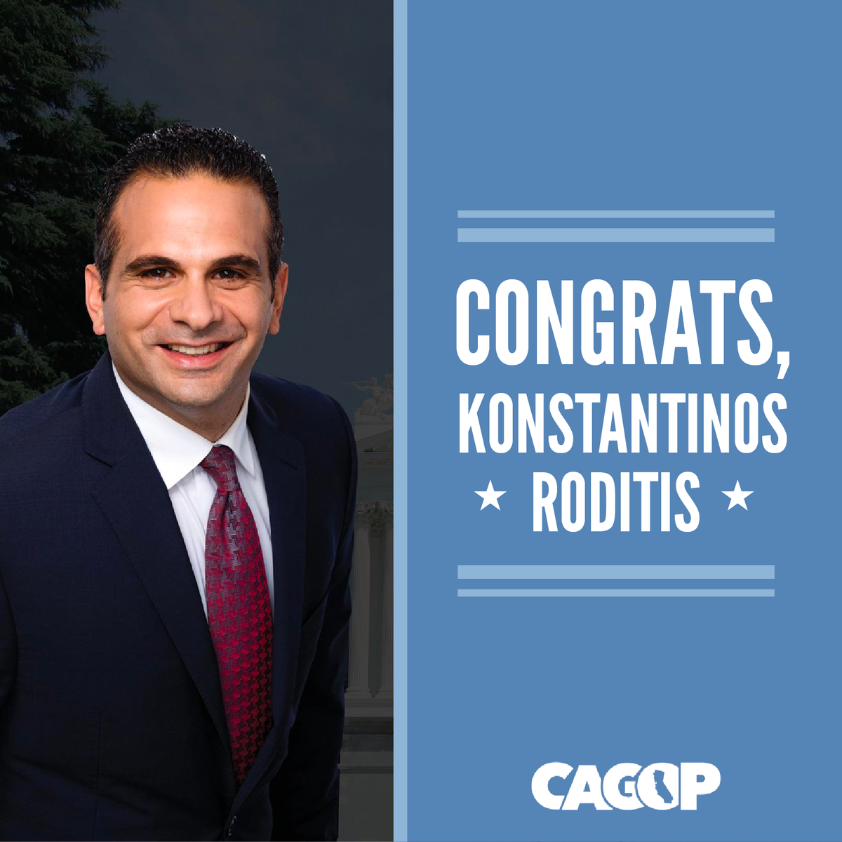 CAGOP's tweet photo. Congratulations on your victory, @KonRoditis! #LeadRight #Roditis4Controller https://t.co/VrCdy03GlA