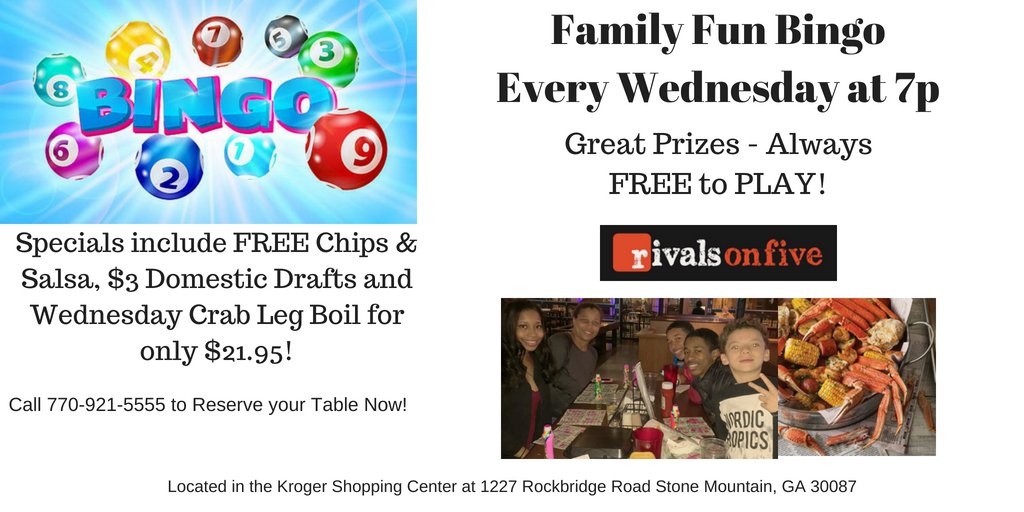 Rivals1227's tweet photo. Rivals Family BINGO Night EVERY Wednesday at 7pm! Always FREE to Play! Mention this post and receive free chips and salsa! Enjoy $21.95 Crab Leg Special and $3 Domestic Draft Beers ALL DAY LONG! Reserve a table 770-921-5555 NOW.  #familyfun #rivalsonfive https://t.co/7JrLImn0E6