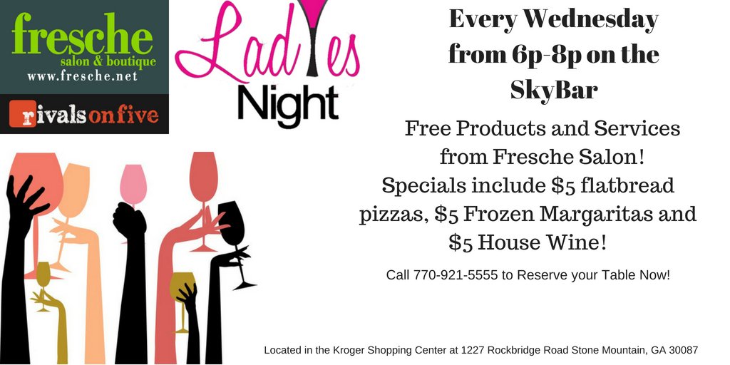 Rivals1227's tweet photo. Come out for Ladies Night Rivals on the Rivals Sky Bar EVERY WEDNESDAY. Get FREE products and services from the AMAZING FRESCHE TEAM and enjoy specials including $5 Flatbread Pizzas, $5 Frozen Margaritas and $5 Wine! Reserve your table by calling 921-5555. Game On.  #ladiesnight https://t.co/MkmdYBZw0S