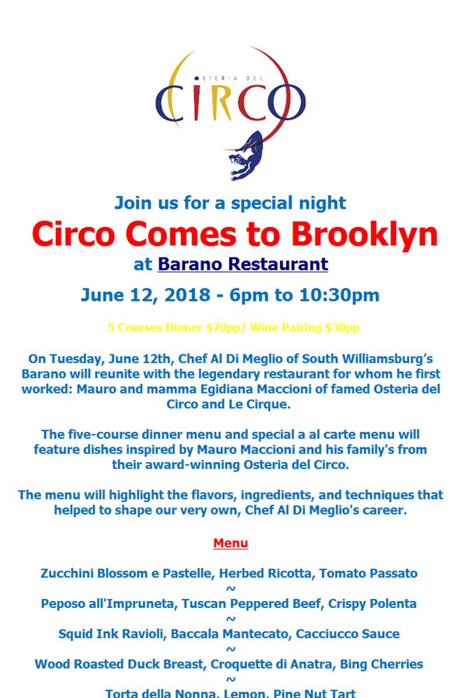 <a href="/CircoNYC/">Circo NYC</a> comes to Brooklyn on 6/12 @BaranoBK @NYtimes <a href="/EaterNY/">Eater NY</a> <a href="/grubstreet/">Grub Street</a> #Tuscanfood  bit.ly/2JgGxdV