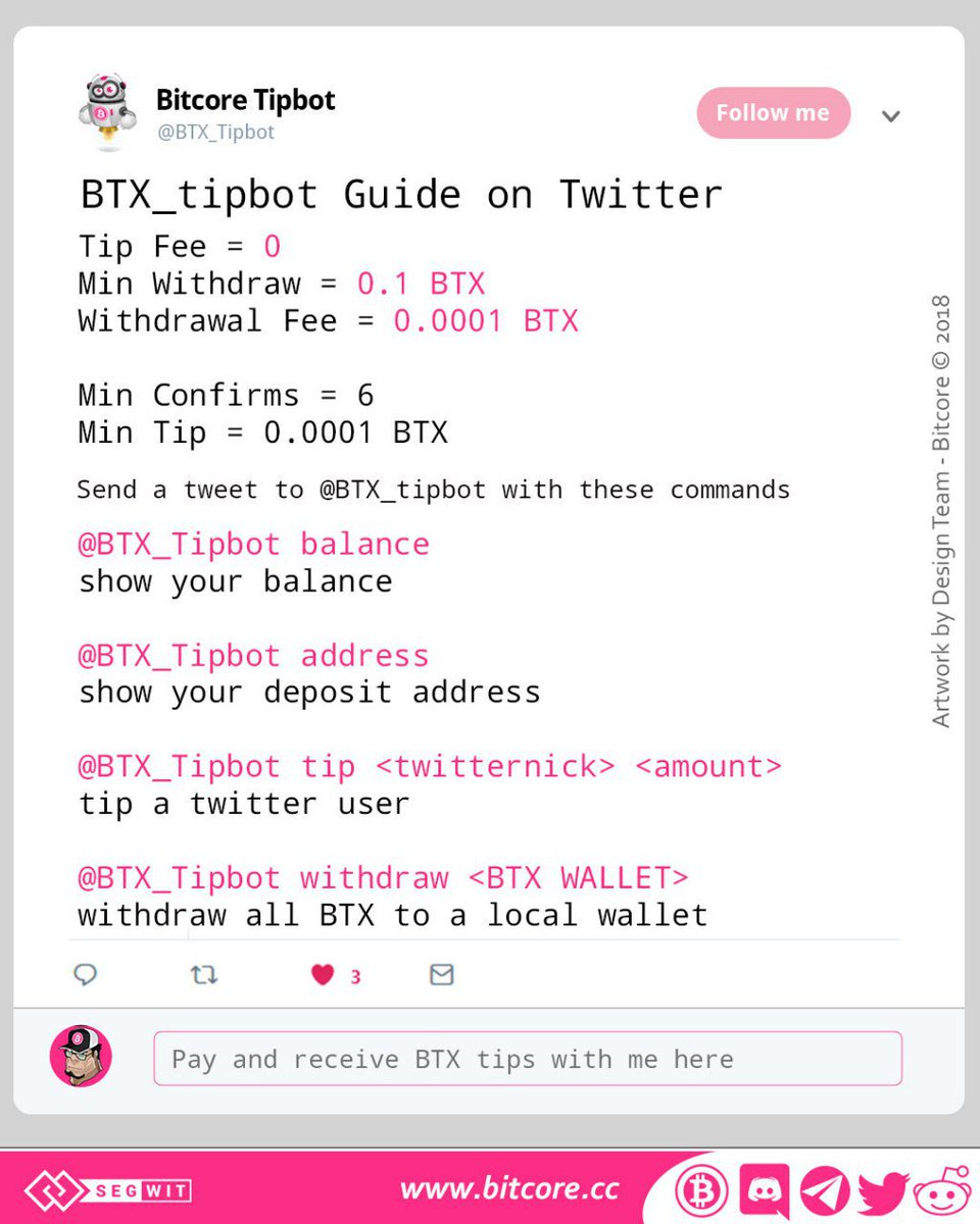 BTX_Tipbot's tweet image. Hey #bitcore here is a small manual how to use me for #tip on #Twitter