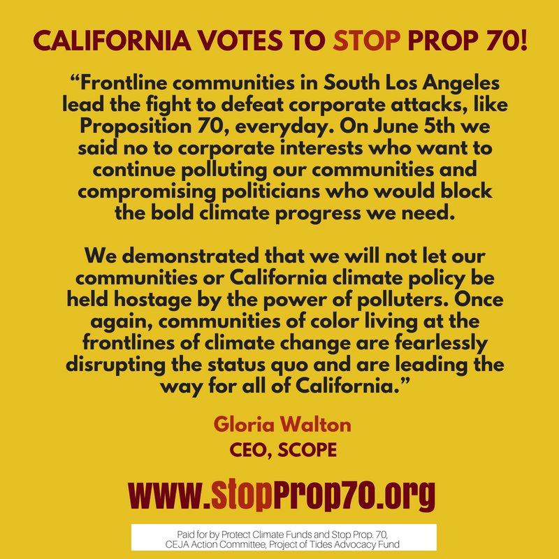 CalReLeaf's tweet photo. Our communities united &amp; WE WON! CA defeated the most controversial proposition on the state ballot — #Prop70 that would have undermined climate investments which improve health, clean air, &amp; fight climate change. #StopProp70 press release: https://t.co/S0wJMv81rN https://t.co/Eh5agqCCNI