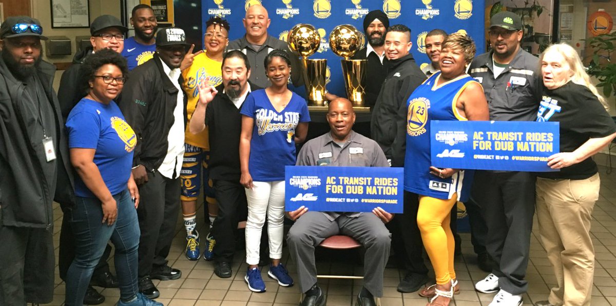 rideact's tweet photo. Super grateful to the @warriors for the chance to pose with both of our #NBAChampionship trophies today! #ACTransit #LarryObrienTrophy #NBAFinals #GetThree #GoDubs https://t.co/51531F1LPM