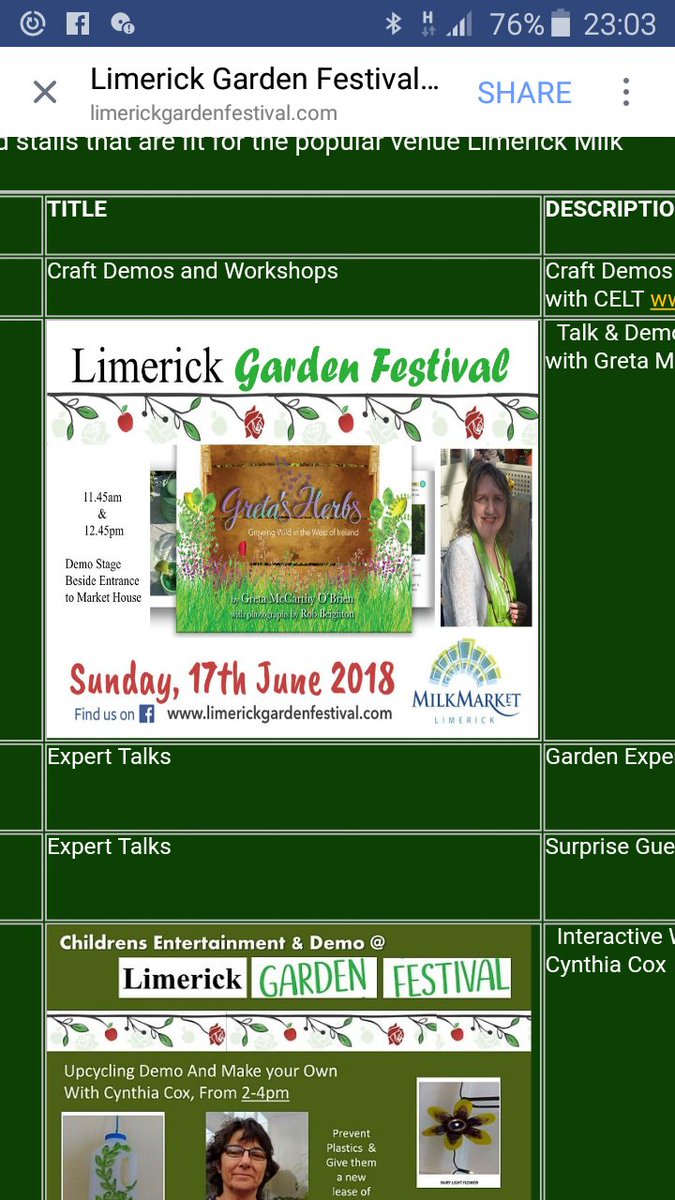 Herb talks in the demo tent at 11.45 & 12.45 #limerickgardenfestival #gretasherbs #Limerickmilkmarket 
Herb Plants & Book Signing