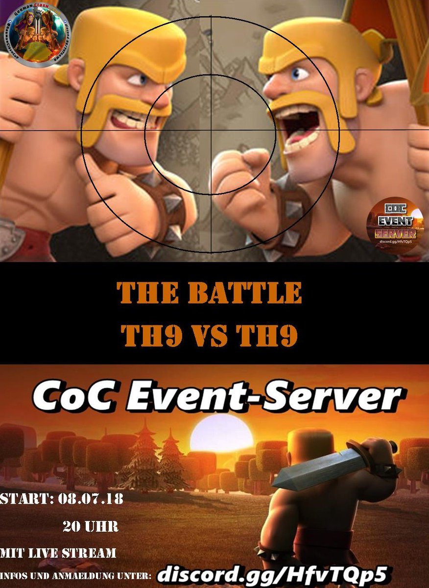 CoC Event-Server Event für Rathaus 9!

Es werden 2 Teams per Zufallsprinzip im Stream ausgelost, in lvl 1 Clans verteilt um dann gegeneinander anzutreten.
Keine Clanvorteile, keine Bowler, keine Max. Truppen - Das wird spannend!
discord.gg/HfvTQp5

Clash On!