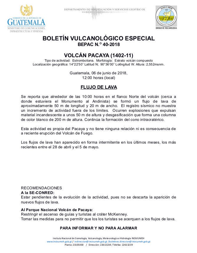 MarciaZ_GT's tweet photo. Según un boletín emitido a las 12:00 por el @insivumehgt, se observa un flujo de lava en el volcán Pacaya; sin embargo, los expertos detallan que la actividad está dentro de los límites. Por su parte, @ConredGuatemala llama a la calma 🌋 https://t.co/XI98QZ8l3N