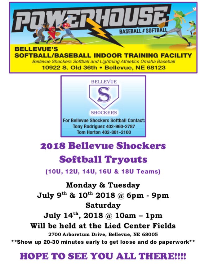 BellevueElite's tweet photo. Looking for a great opportunity to play fastpitch softball? 2018-2019 Teams forming soon! Tryouts July 9, 10, &amp; 14.  They will be held at the Lied Center fields in Bellevue. If you have any Questions, contact Tom Horton at Thomas.horton@bpsne.net #BellevueFastpitch #Powerhouse https://t.co/LnHkJaiy4O