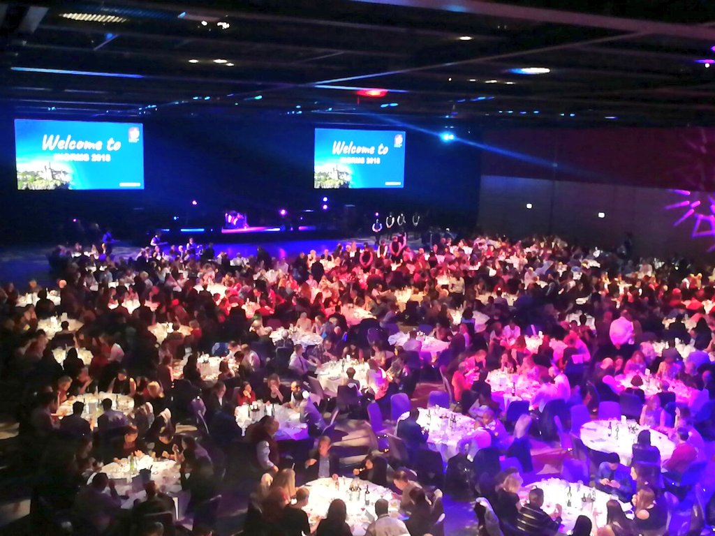 ConferencePart's tweet photo. Delegates enjoying the delicious dinner by @LeithsDining before the #Scottish entertainment begins. Doesn't the @eicc look fantastic tonight for #INORMS18? #cpipartners #eventprofs #MakeItEdinburgh #ScotlandIsNow https://t.co/j0KWJPXPQ3