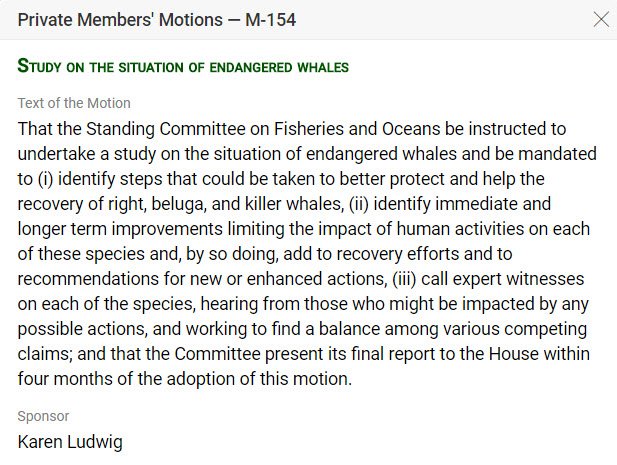 HoCChamber's tweet photo. Vote result: Private Members’ Business Motion #M154 (Instruction to the #FOPO committee (study on the situation of endangered whales), as amended was adopted. Yeas: 278 Nays: 0 https://t.co/is1ZGtxDlw