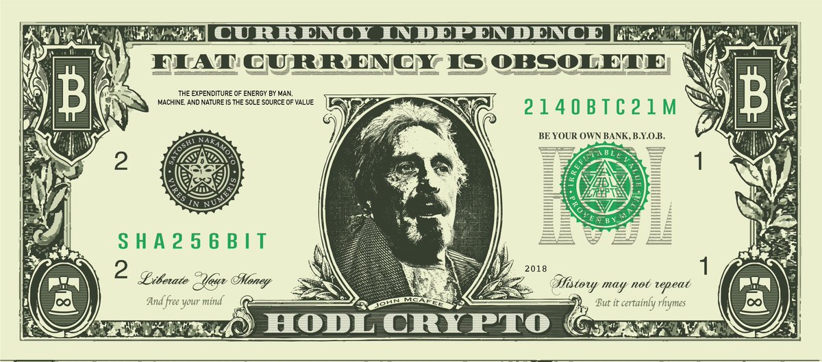 luchopolettiart's tweet photo. "We are not declaring Independence from State Controlled Currency -- We are declaring Controlled Currencies through #fiat have been rendered #Obsolete."
Liberate your money.
Free your mind.
Sign #TeamMcAfee Declaration of #CurrencyIndependence today. #hodlcrypto #beyourownbank https://t.co/C0qvOdm3wU