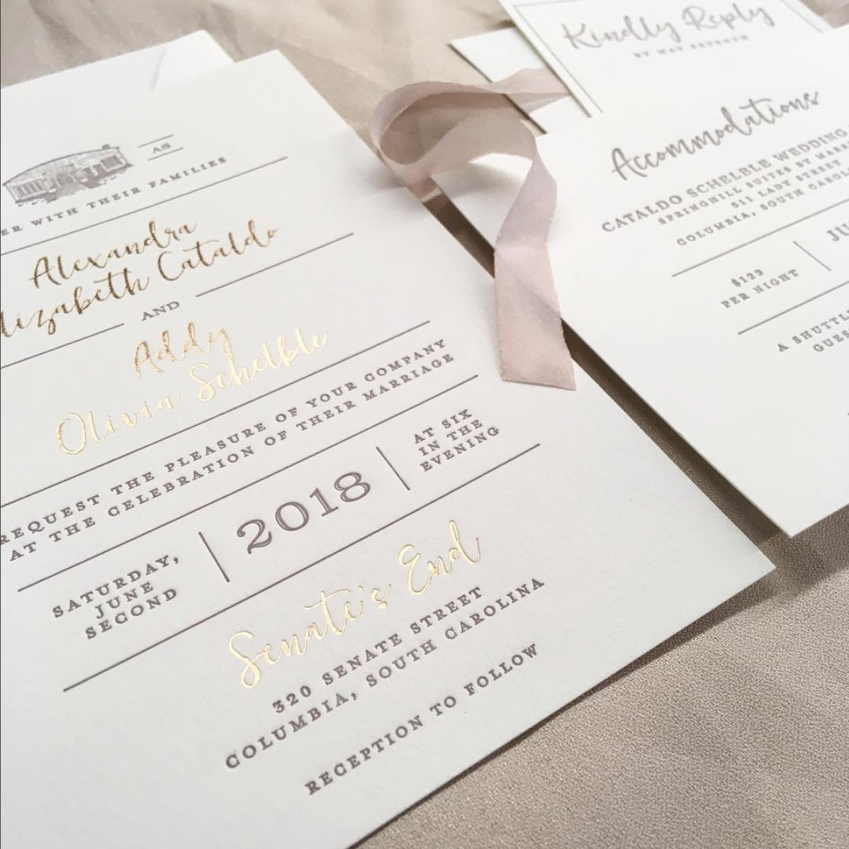 byfarrdesign's tweet photo. Letterpress + rose gold foiling + custom venue illustration = 💌🙌🏻
#byfarrdesign #letterpressstudio https://t.co/douOY9lNb5
