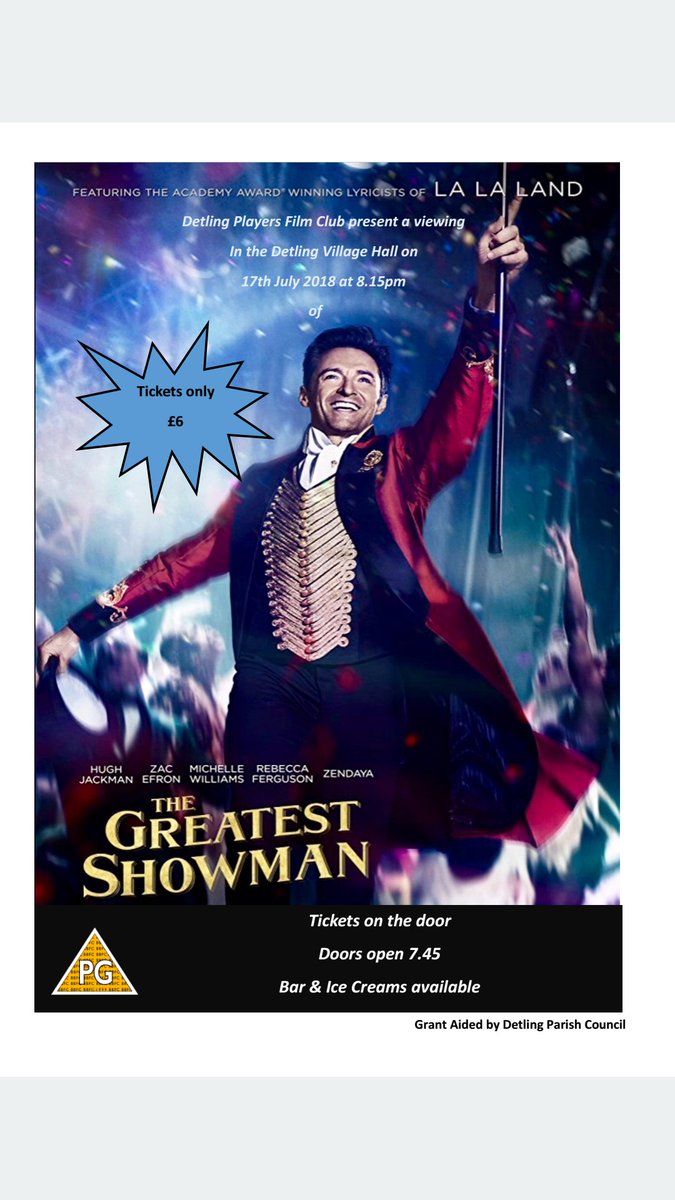 DetlingParish's tweet photo. Detling Players Film Club present a viewing of the Greatest Showman on 17th July, doors open 7.45pm in the Village Hall. Please join us https://t.co/IwlEwHAjDg