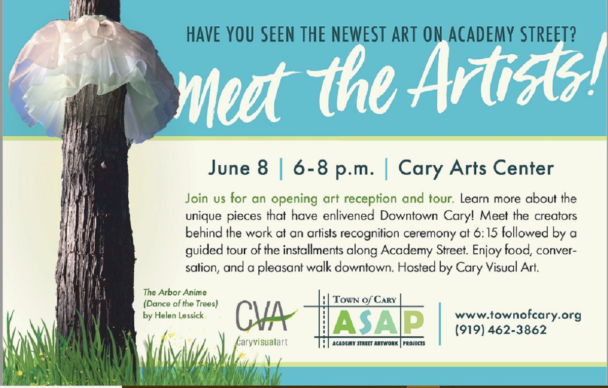 This Friday June 8th from 6-8 pm at Cary Art Center!  Meet the artists behind our latest Public Art installations  along Chatham St in downtown Cary.  Reception, guided tour and light refreshments.