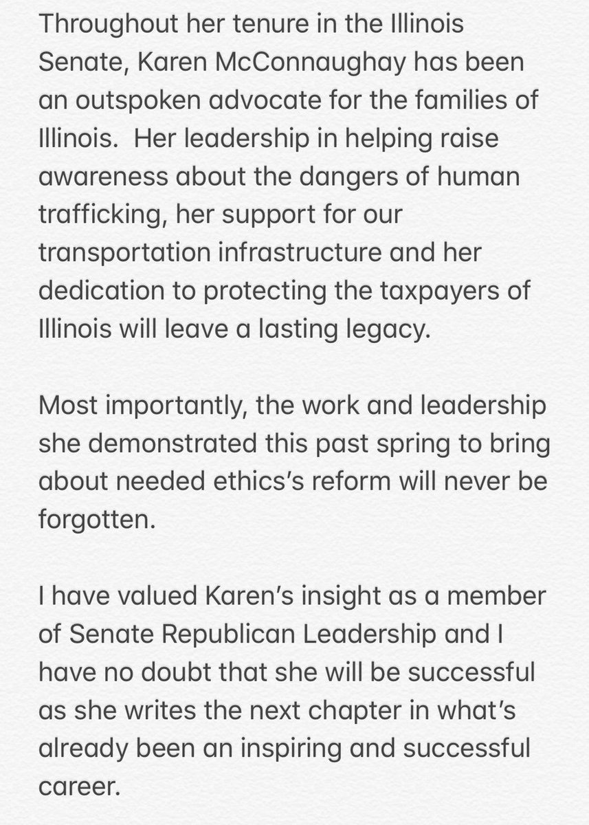 Bill_Brady's tweet photo. Senate Republican Leader Bill Brady's statement on Senator @kmcconnaughay33 McConnaughay's decision to not seek reelection in November. https://t.co/cAxH94zQvL