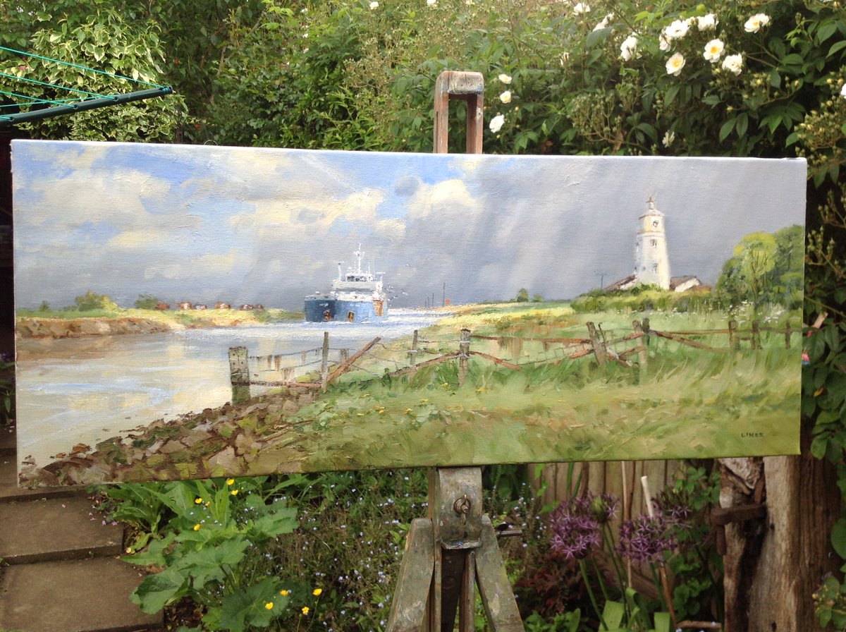 MarineArtists's tweet photo. Working for the RSMA show, John Lines went to the Wash to do a marine subject with an odd shaped canvas. It was good fun until it poured, then it was stop/start till finished, but great result! #johnlines #seascape #marinepainting #oilpaintings https://t.co/rHJJ7EZabm