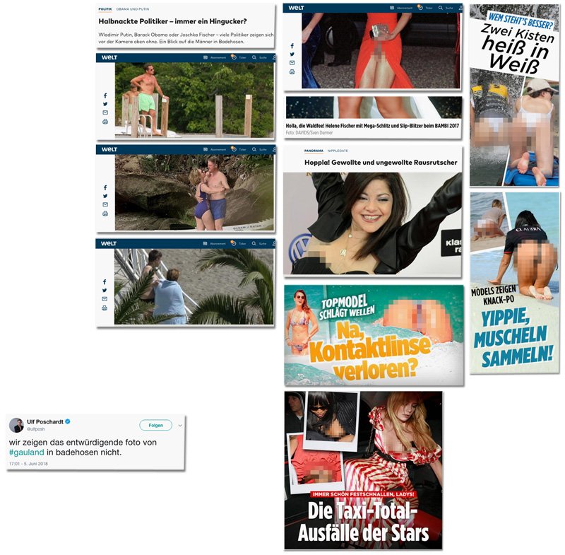 BILDblog's tweet photo. Was im Springer-Verlag nicht geht:
🚫 Alexander Gauland in Badehose zeigen

Was beim Springer-Verlag immer geht:
✅ andere Politiker in Badehose zeigen
✅ Ehemänner von Politikerinnen in Badehose zeigen
✅ Frauen im Bikini in den Schritt fotografieren

https://t.co/8MLs4Wuzqr https://t.co/looEp8E8AP