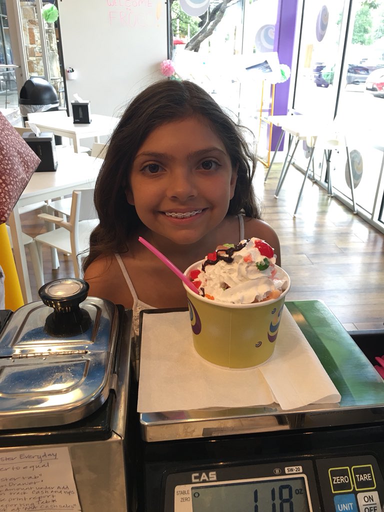 FroCoCoba's tweet photo. Sophia loves FroCo! It’s summer vacation y’all!! Come start the summer with some cold yogurt to cool off and have a refreshing drink. Strawberry lemonade is the newest flavor, come have a taste:) #vacation #SophiaAbraham #FarrahAbraham #LakewayTX #yippe https://t.co/b8VfCfU829