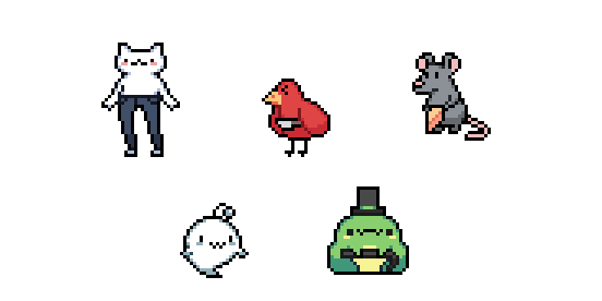sicklyseraph's tweet photo. Jat and Mr. Dance are in here too, but here's some sprites! #gamedev #pixelart https://t.co/vL0eksWcuu
