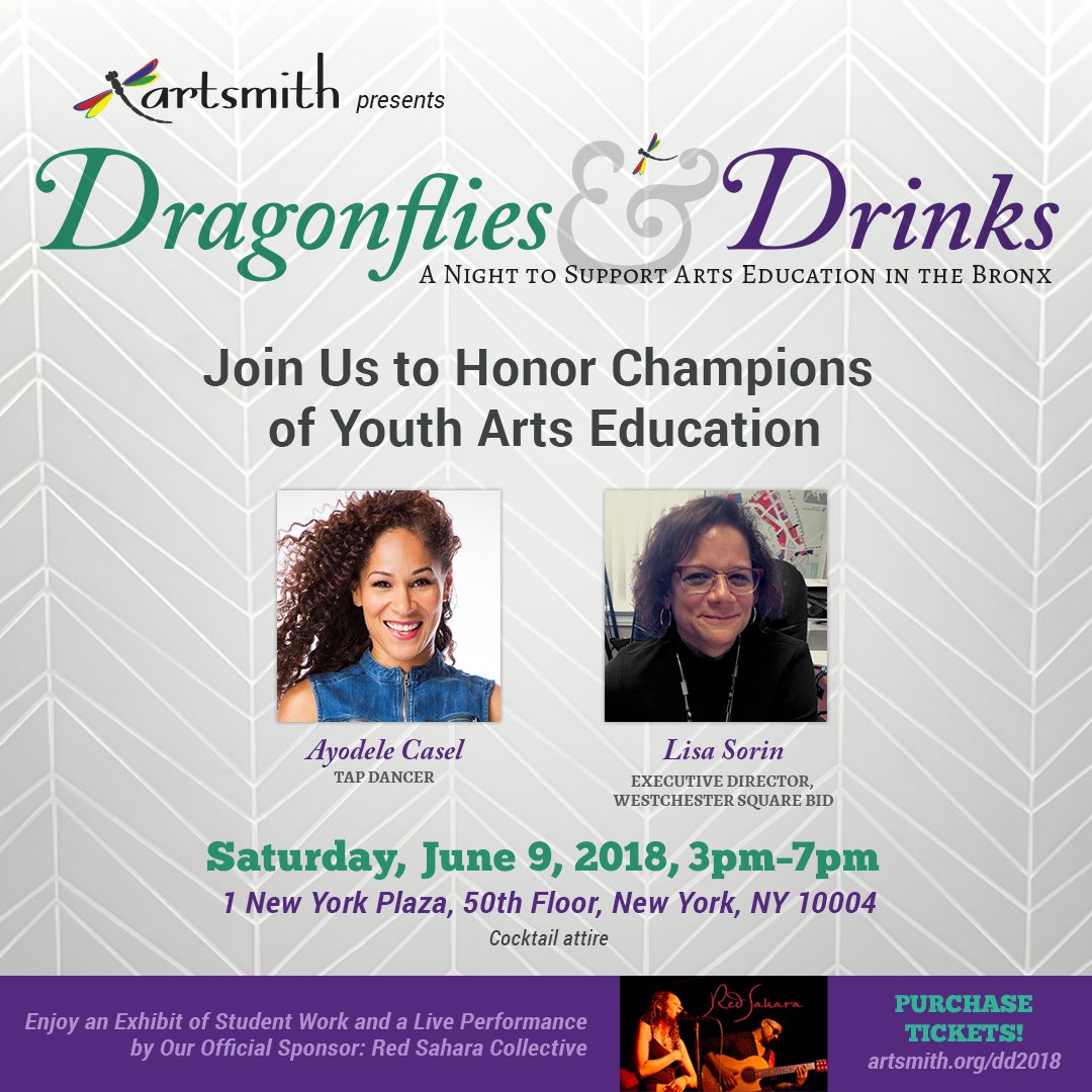 ArtsmithNY's tweet photo. Dragonflies &amp; Drinks this Saturday! Honoring @ayolives and Lisa Sorin of @wsbid. Purchase your tickets today. https://t.co/cvJ0UKwFKo #Bronx #youth #art #artsed #support #fundraiser #donate https://t.co/CgSIfbD42N