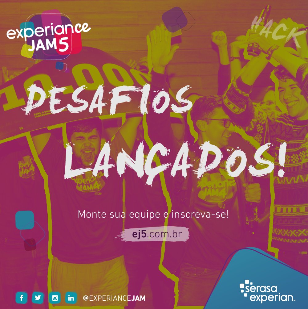 experianceJAM's tweet photo. As inscrições para o EJ5 já estão abertas e os desafios foram lançados: Analytics, Blockchain, Vibe do Cliente e um desafio supresa. E aí, vai encarar? Acesse https://t.co/Zg4TRLIU6H saiba todos os detalhes e increva-se! https://t.co/ItX1cWtasN