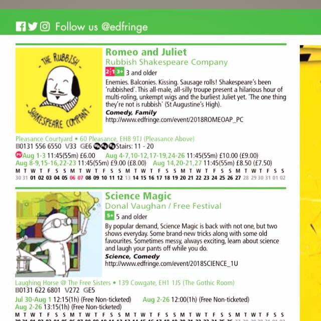 RubbishShakes's tweet photo. The @edfringe programmeโs dropped and there we are! Page 49 @ThePleasance Courtyard for @PleasanceKids for the full run. Will we see your smiley faces there?
#intotheunknown #edfringe #edfeinge2018 #edinburghfringefestival #familyfriendly #pleasance #pleasancekids #shakespeare https://t.co/I27FdWltML