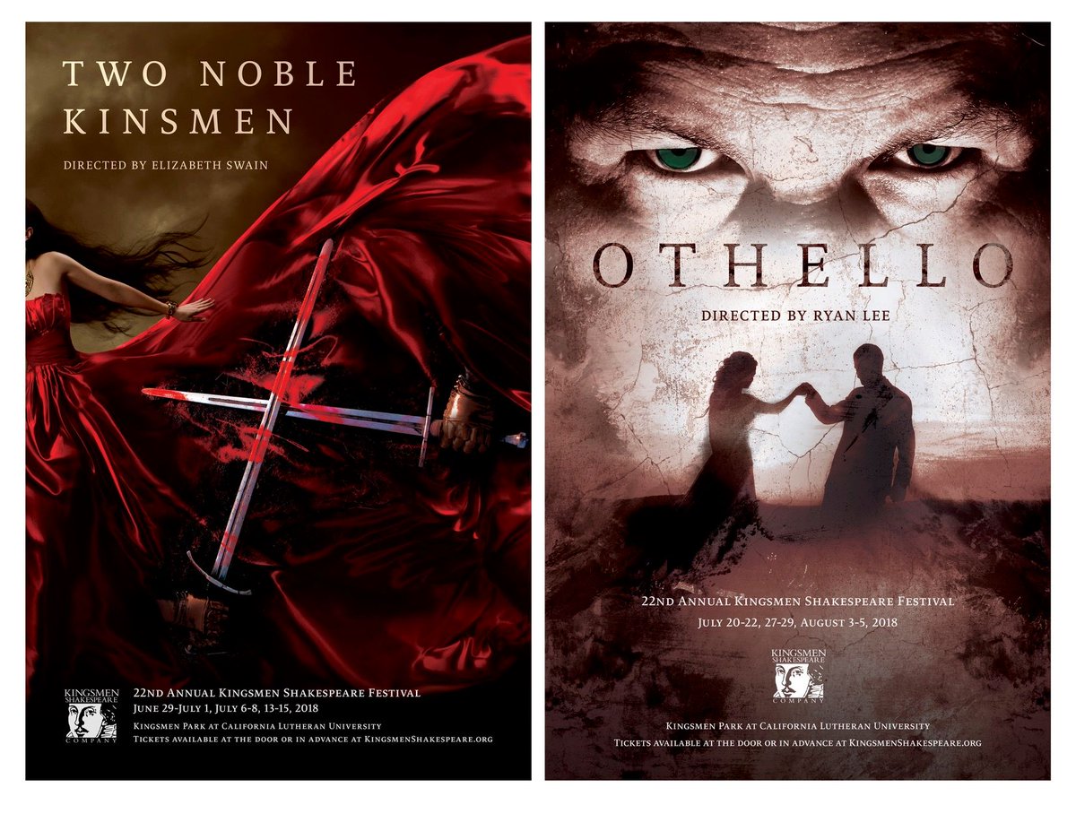 Shakespeare_KSC's tweet photo. For our 22nd season, we present: TWO NOBLE KINSMEN directed by Elizabeth Swain &amp; OTHELLO directed by Ryan Lee. Online ticket sales are now open on our site! https://t.co/aZl5rV1Vab