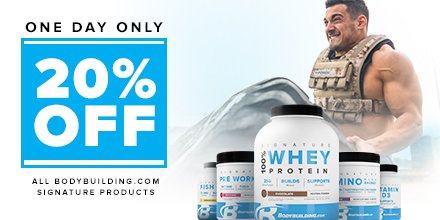 Bodybuildingcom's tweet photo. 1 DAY ONLY!
-
20% OFF https://t.co/udHdXQd0JQ Signature products!! 

Protein, Pre-Workout, Essentials, and more ALL ON SALE!

SHOP NOW:  https://t.co/do9TPqSPZU

#bodybuildingcom #bbcomsignature #bbcomdeals #buildyourbody https://t.co/fwgY9d7JJo
