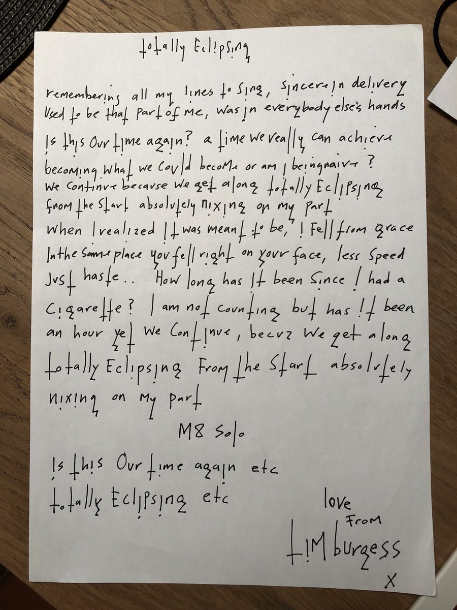 Tim_Burgess's tweet photo. Retweet for a chance to win.
Handwritten lyrics for Totally Eclipsing by The Charlatans 
Hear it here https://t.co/zWDIoWbwFl
Winner Saturday 11am. 
Brand new 4 track EP out Friday https://t.co/2nmPTjb537 https://t.co/9EWuGJ9MOu