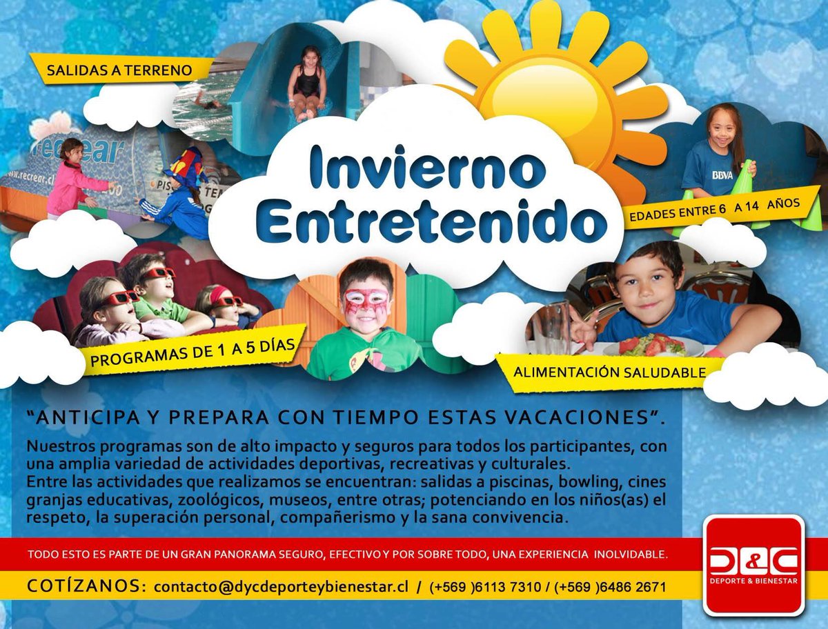 dyc_ltda's tweet photo. Invierno Entretenido 2018.
Más info +56961137310 o al correo contacto@dycdeporteybienestar.cl 👍🏻 https://t.co/BZVlbwgfns