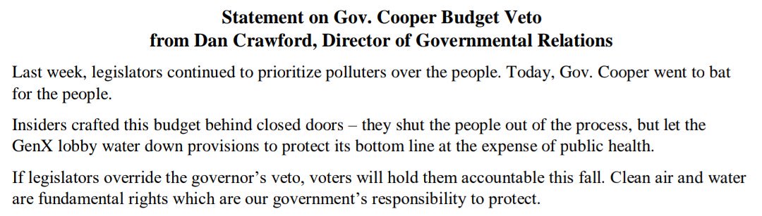 nclcv's tweet photo. Thank you, @NC_Governor @RoyCooperNC, for vetoing #NCGA's #BackroomBudget and putting the people over the polluters! https://t.co/ZrsmzgpyJK