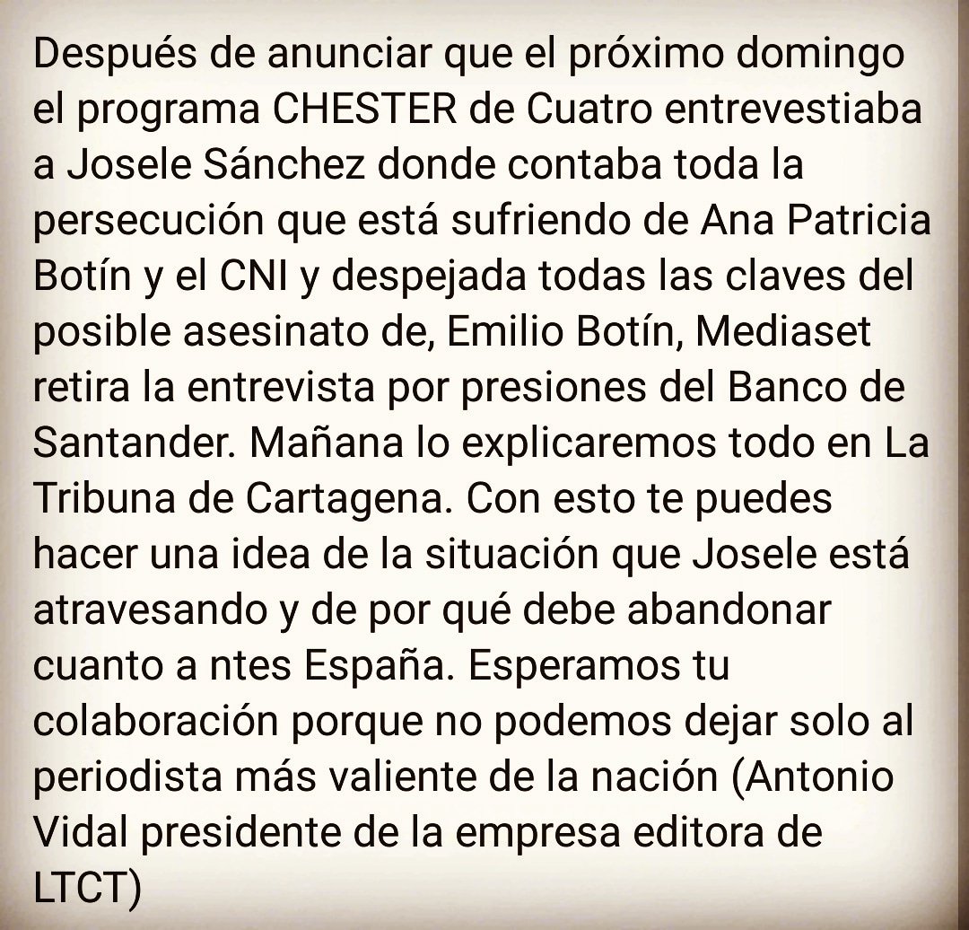 DN_Barcelona's tweet photo. Difundir Twitter Facebook y a todas las redes posibles. Destapemos todo esto! Ayuda a Joséle Sánchez la turbina de Cartagena @josele_sj #cheester #mediaset #tribunadecartagena #bancodesantander #joselesanchez #perseguido #botin #yoguardounsecreto #censura #persecución https://t.co/pT6XdYnE16