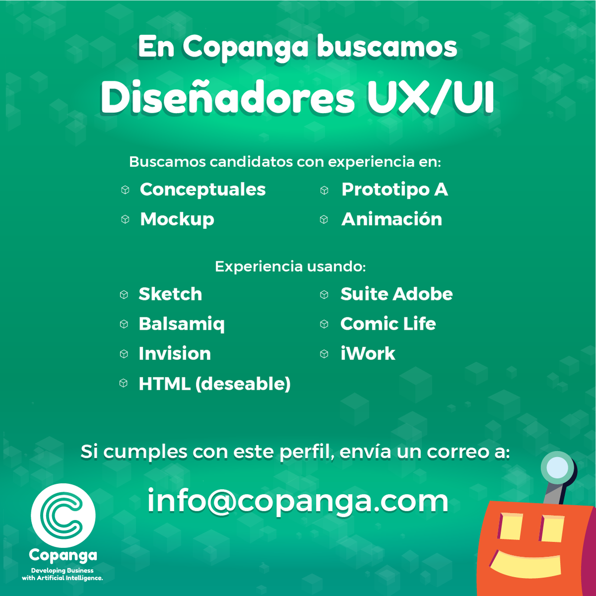 En Copanga estamos buscando diseñador o diseñadora de UX/UI para nuestras oficinas en San Pedro. Estamos recibiendo CV en info@copanga.com

¡No te quedes fuera de ser parte de este gran equipo!
#ux #ui #uxdesign #uidesign