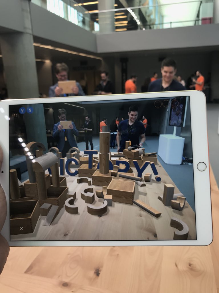 TheBourbonDev's tweet photo. SwiftShot is a blast to play. Really excited to see more games like it on the AppStore. Won this AR pin. #ARKit #WWDC18 #WWDC18Nerds #SwiftShot https://t.co/jGAEnwP553