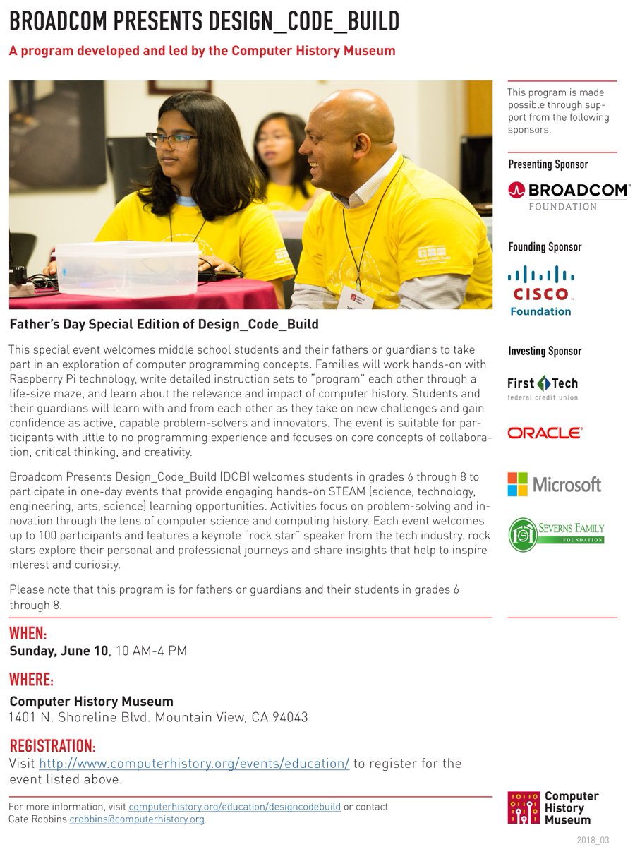 Cate_Robbins's tweet image. #Design_Code_Build #fathersday edition @ComputerHistory is just around the corner! Limited space is available, but registration is required. Make sure you sign up TODAY! #STEM #STEAM #RPi #technology #collaboration #creativity #family #middleschool #celebratedad