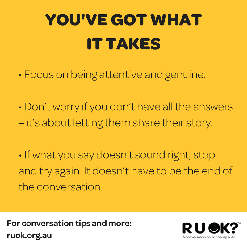 ruokanyday's tweet photo. Don’t worry if you don’t quite know what to say. Just by being supportive and listening, you’re helping make a difference.    

More tips at https://t.co/ixU5j6GLta #RUOK #RUOKDay https://t.co/0LpFMjNiz5