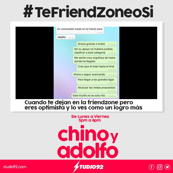 Studio92's tweet photo. Participa en @ChinoyAdolfo @adolfobolivar4 comentando con el hashtag #TeFriendZoneoSi

📻 92.5 FM
📞 2121925 
💻 https://t.co/8YoqlhYVEt          
WhatsApp: 94259139 https://t.co/lWpMP6OYz7