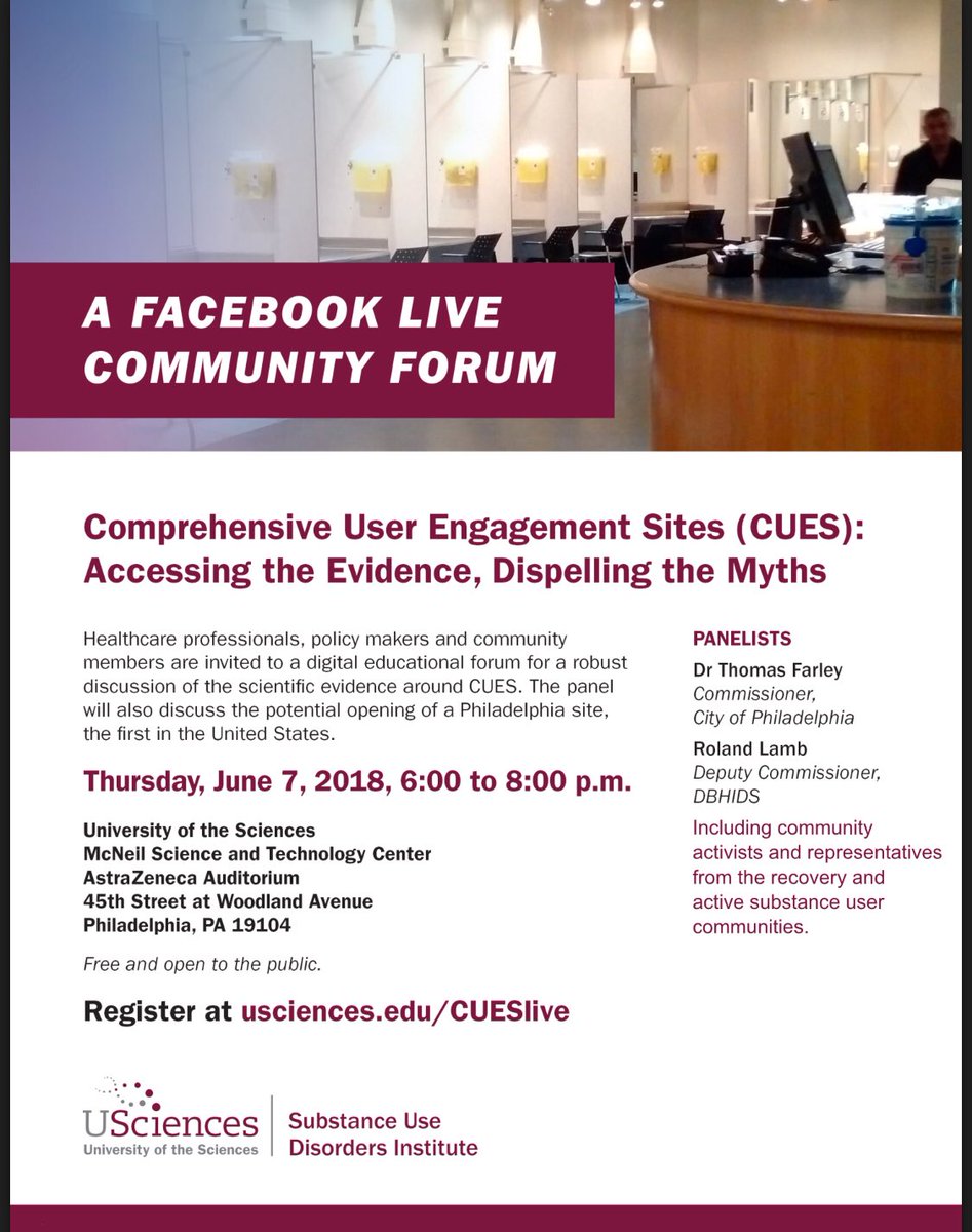 RDashford's tweet photo. Excited for the #PhillyCUES live event tomorrow at @USciences_SUDI...a chance to discuss the sciences behind overdose prevention and harm reduction efforts in effect all across the world (just not the US).
As a bonus, @abgutman will be live tweeting the whole thing! https://t.co/8WjgBtcj5v