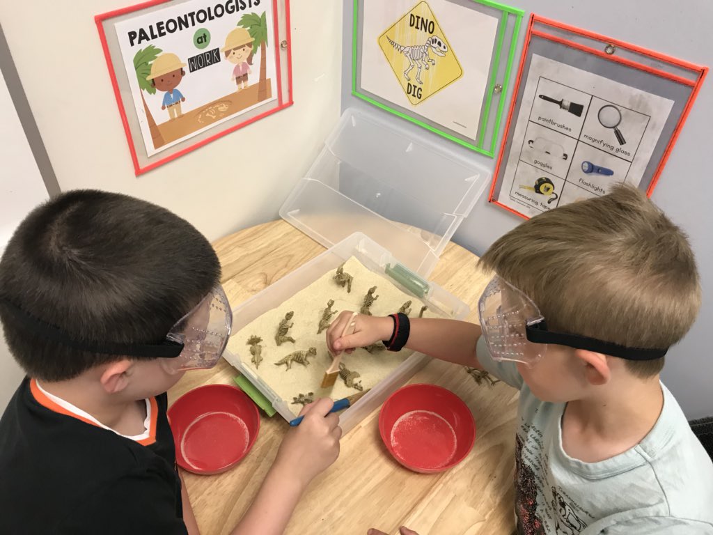 MWitles's tweet photo. Paleontologists at work! We love our Exploration Center! #AACPSAwesome #Kindergarten #handsonscience #dinosaurs #ECEJOY https://t.co/ANzjjUeCyB