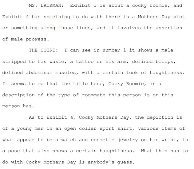 ipwhiteboard's tweet image. Not so cocky now: Romance writer's motion for an injunction and restraining order over publication of books with the word 'cocky' in the title has been dismissed in court. The transcript is also good bedtime reading! courtneymilan.com/cockydocs/I61R… … #IP #trademark #cockygate