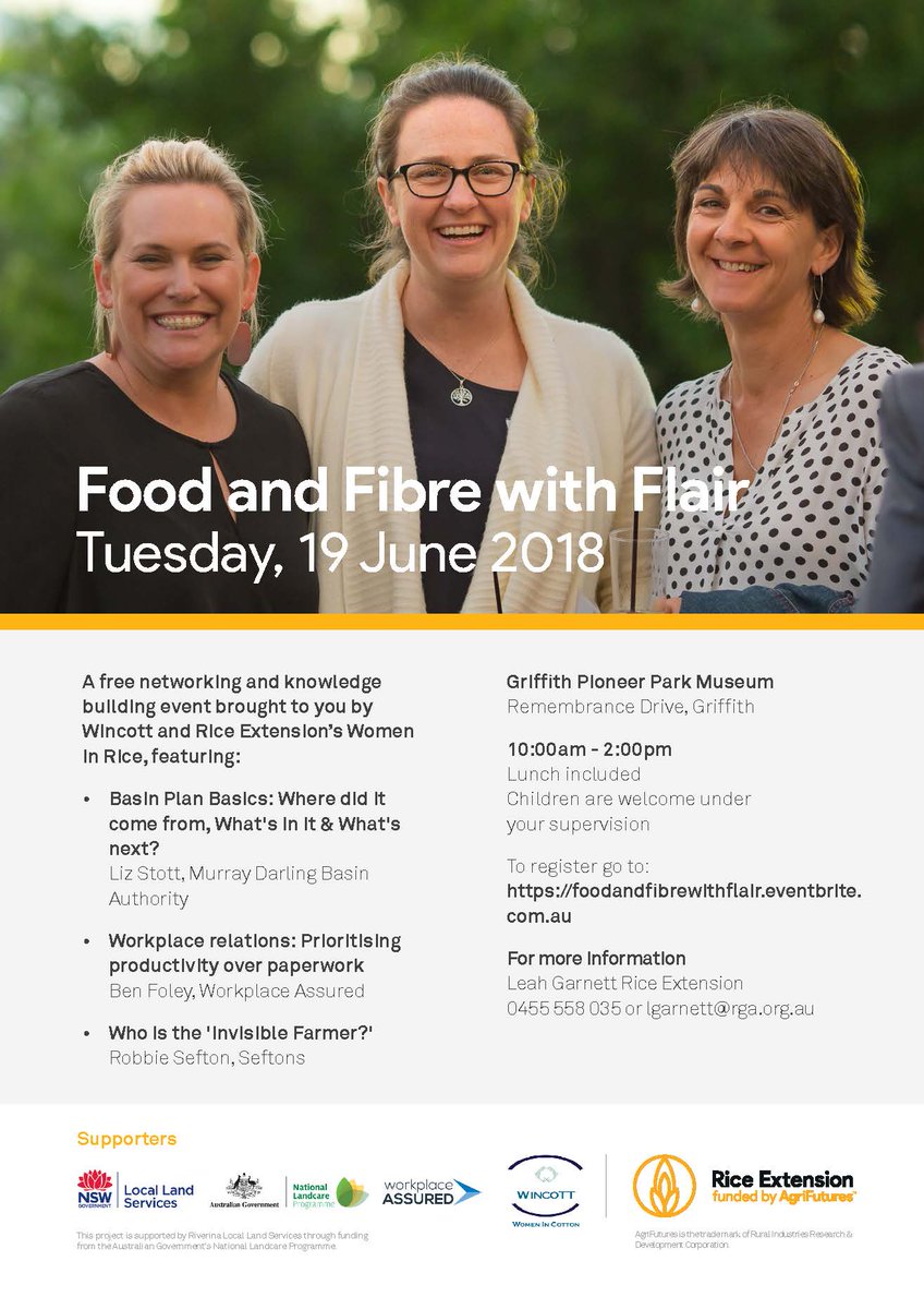 Registrations close for Food and Fibre with Flair on 12 June. Don't miss out on this exciting networking and knowledge building opportunity hosted with our friends from <a href="/RiceExtension/">Rice Extension</a>. Get your FREE tickets here eventbrite.com.au/e/food-and-fib…