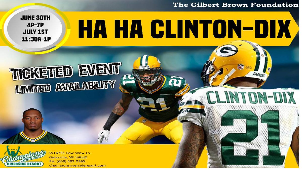 Meeet &amp; Greet with <a href="/haha_cd6/">Ha Ha Clinton-Dix</a> at <a href="/ChampsRiverside/">Champions Riverside</a> on June 30th 4p-7p and July 1st 11:30a-1:00p. Buy tickets online at squareup.com/store/the-gilb… or in person at <a href="/ChampsRiverside/">Champions Riverside</a>
