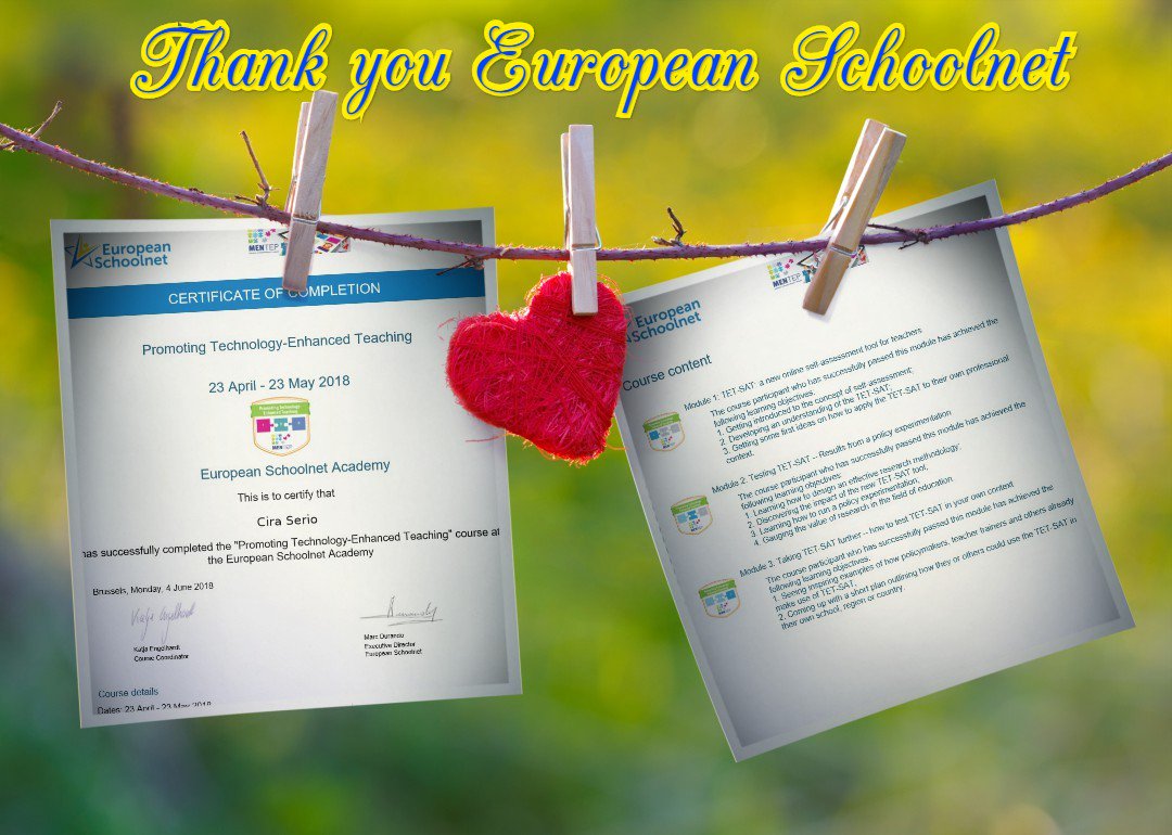 c_serio's tweet photo. My Certificate - Promoting Technology-Enhanced Teaching
Thank you European Schoolnet! #MENTEPcourse https://t.co/bJfl0wyAZo